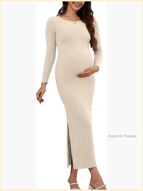 Maternity Maxi Dress Ribbed Knit Long Sleeve Bodycon Pregnancy Outfit